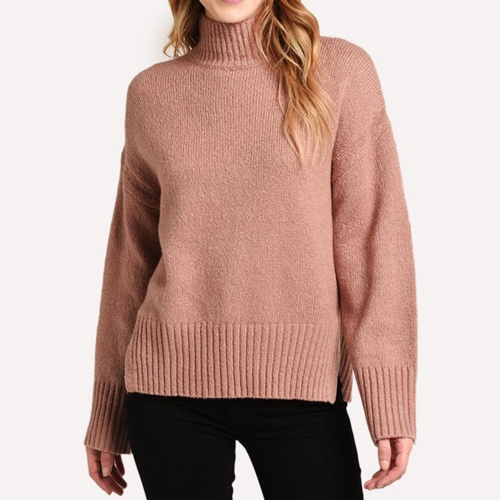 Frame Women's Side Slit Wool Cashmere Pink Turtleneck Pullover Sweater